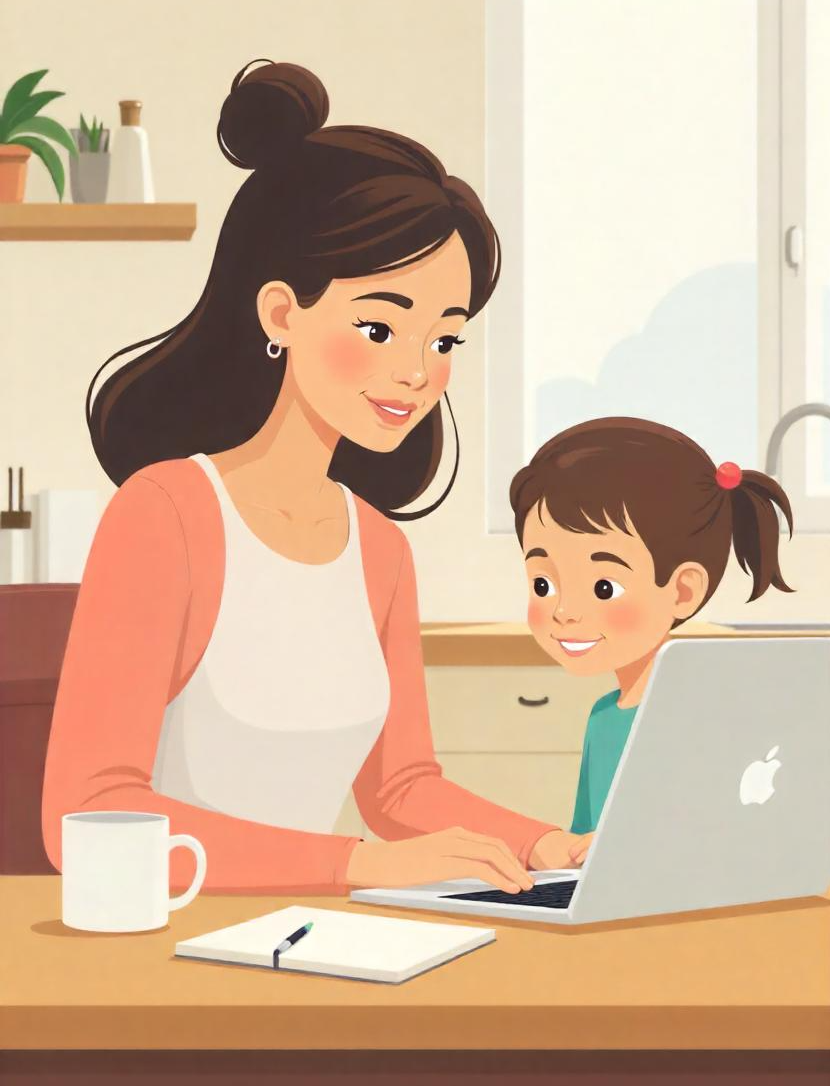 Illustration of a modern mom working on a laptop beside her child using a tablet — calm, focused home scene