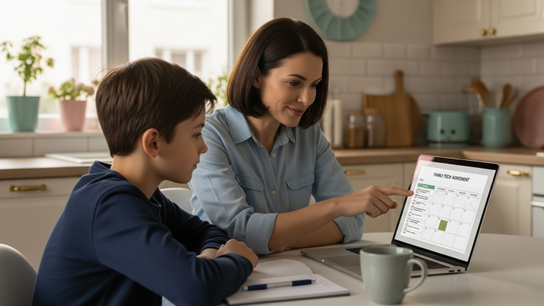 A calm American mom and her tween son review a laptop together at the kitchen table in soft afternoon light, discussing a family tech agreement as part of a screen-time routine. Both look focused and relaxed, with a coffee mug and notepad nearby. The background is clean and structured, reflecting what is digital boundaries at home.