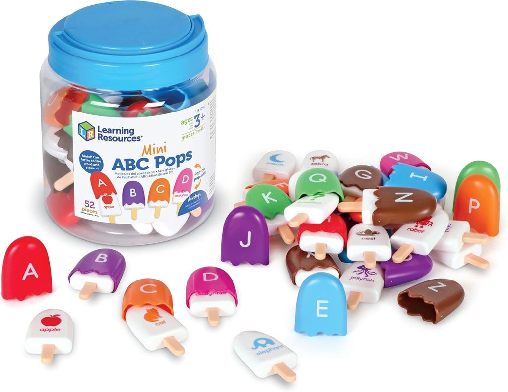 Alphabet popsicle matching toy with uppercase letters on top and lowercase letters with pictures underneath