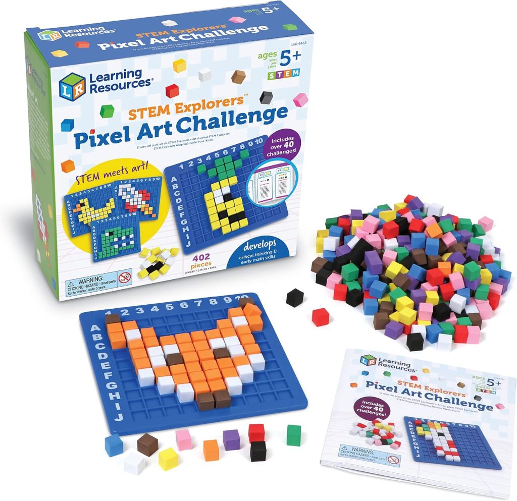 STEM pixel puzzle challenge set with colorful foam pieces and activity cards for kids