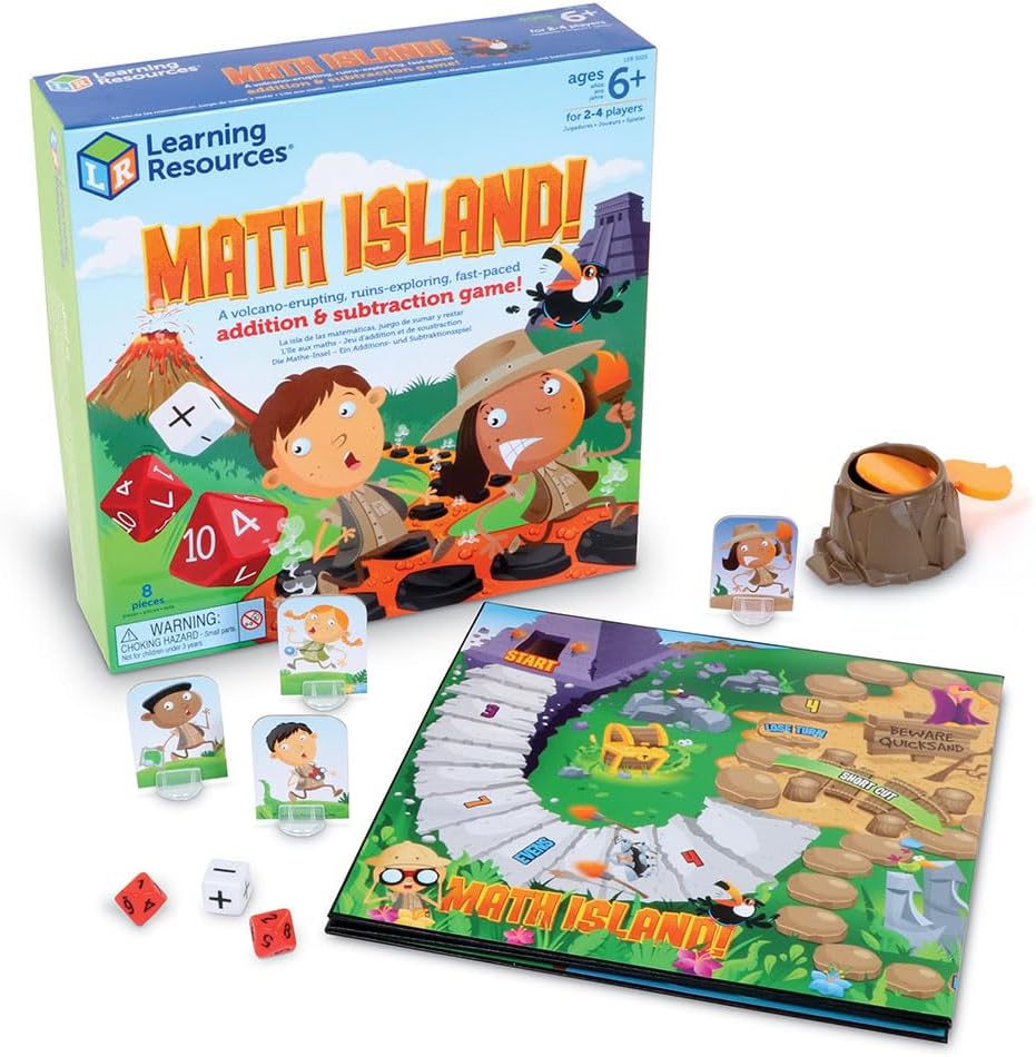 Volcano-themed board game with dice and character pieces for kids to practice addition and subtraction