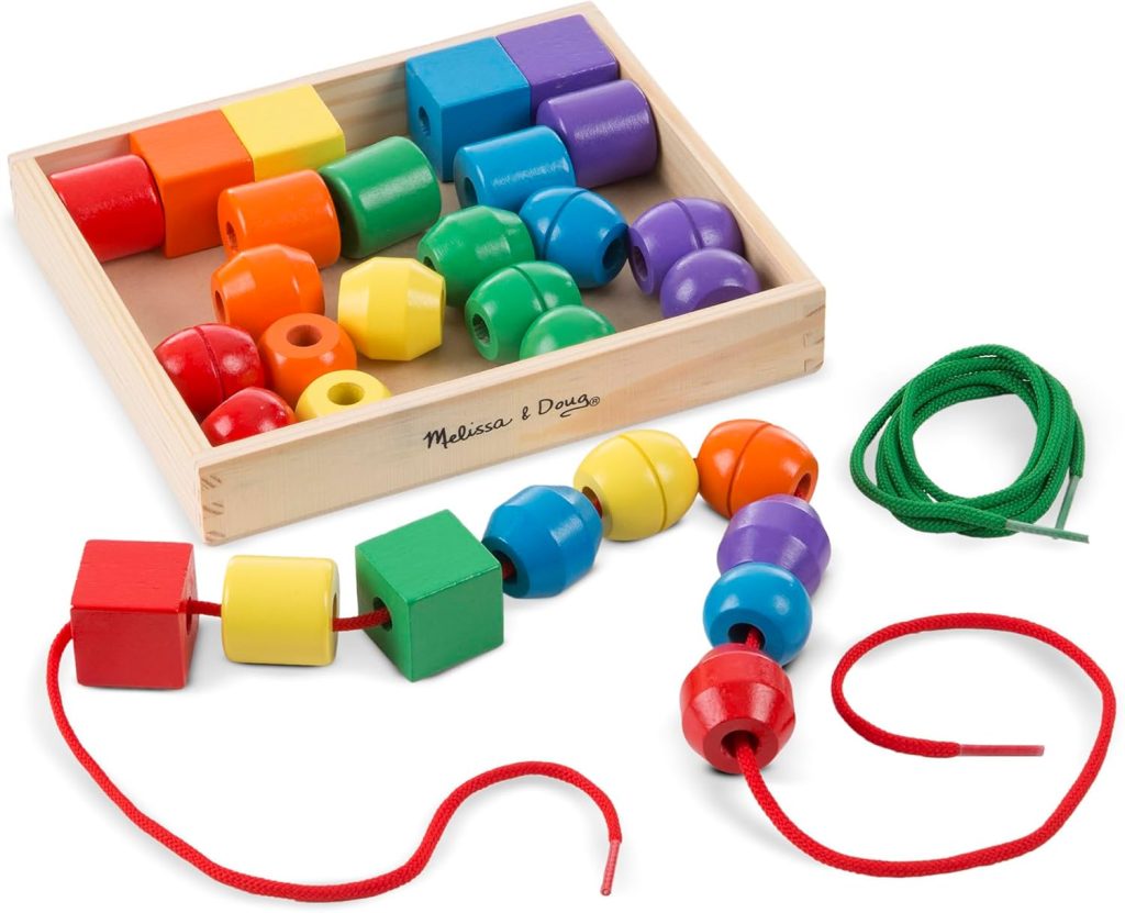 Wooden lacing beads in various shapes and colors with laces and storage box for toddlers
