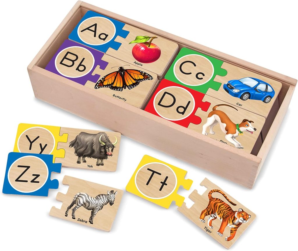 Wooden alphabet puzzle with self-correcting letter and picture matching pieces for kids