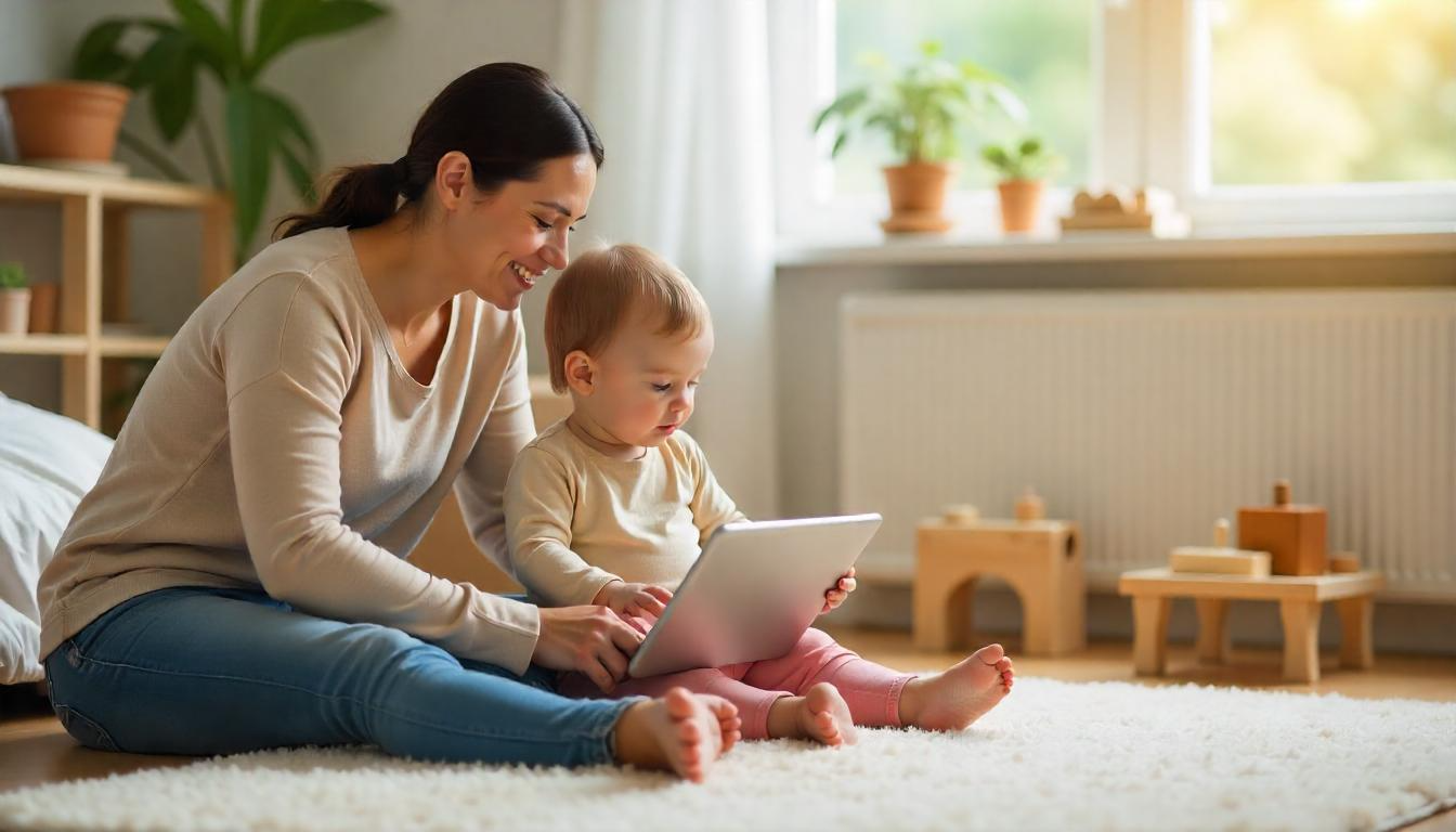 A toddler using a tablet with a parent nearby, demonstrating calm and interactive screen use next to Montessori-style toys.
