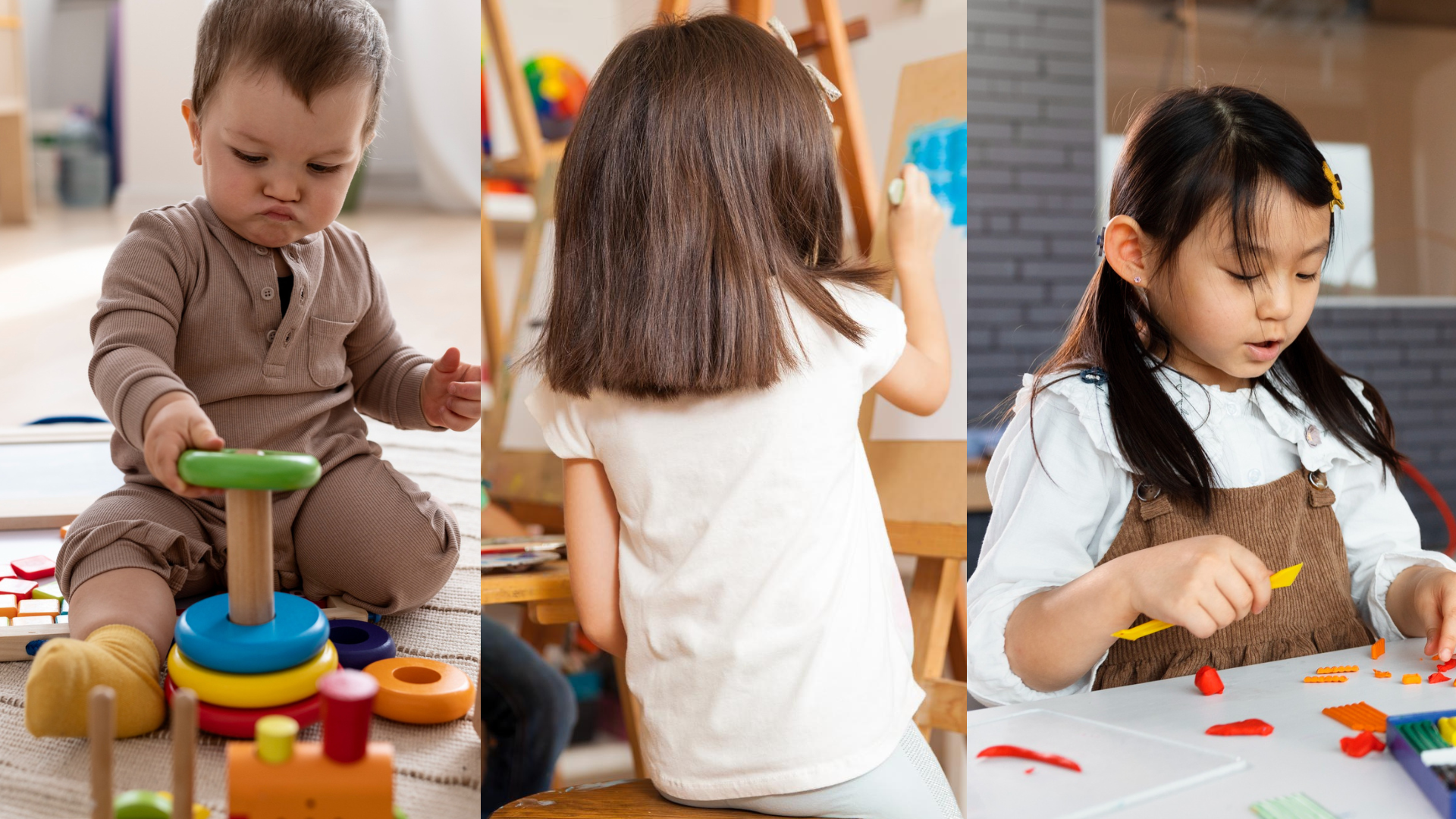 Children of different ages using Montessori tools and activities, from toddler to school age.