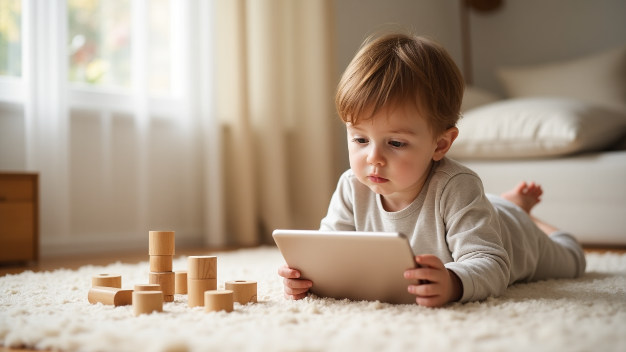 Young child lying on a rug, focused on a tablet, with wooden Montessori-style toys nearby in a calm, sunlit room.