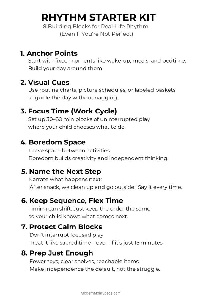 Printable Montessori Rhythm Starter Kit with 8 daily rhythm tips, examples, and visual layout. Designed for real-life home use.