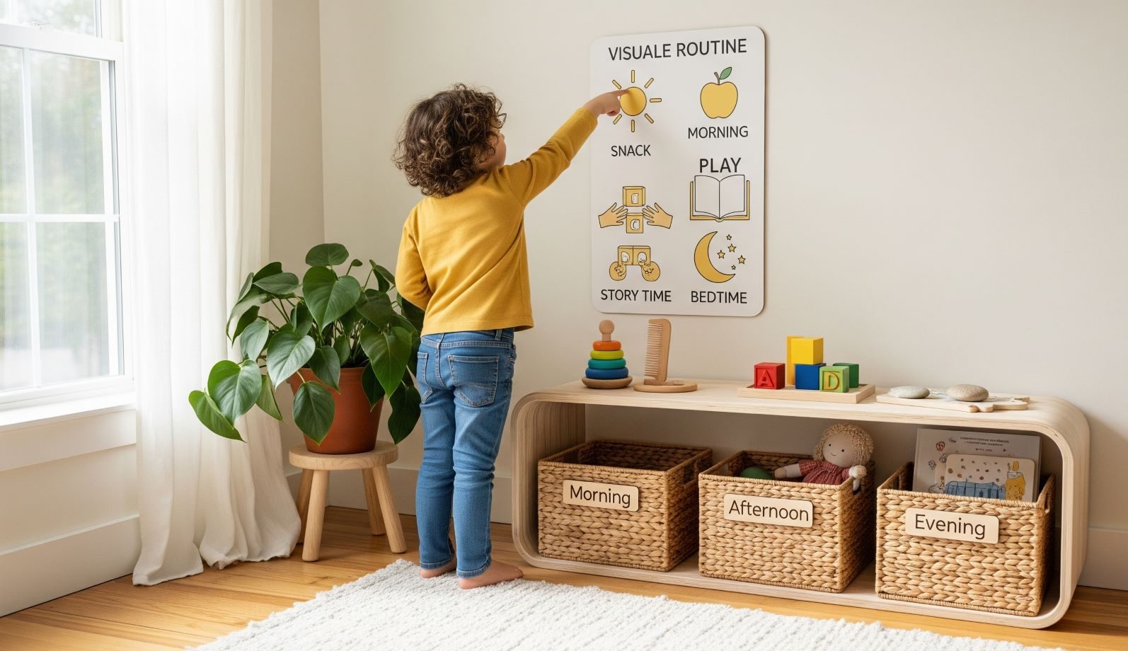 Preschool child pointing to a daily routine chart with icons, next to labeled toy baskets in a Montessori-style home environment.