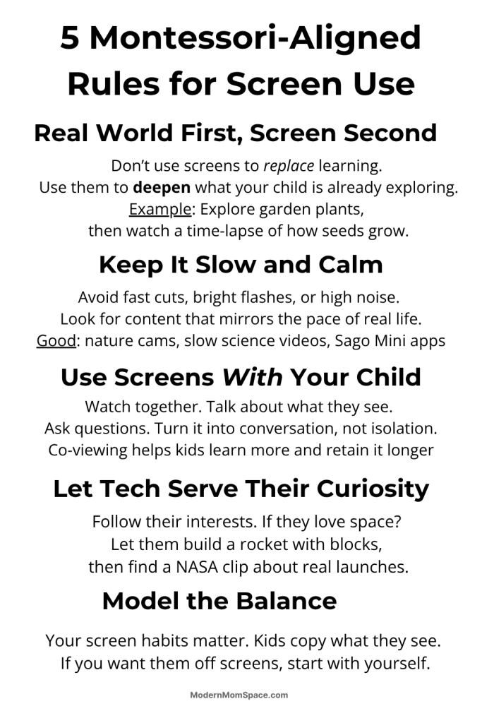 Printable version of Montessori-based screen time rules for children, designed for home use