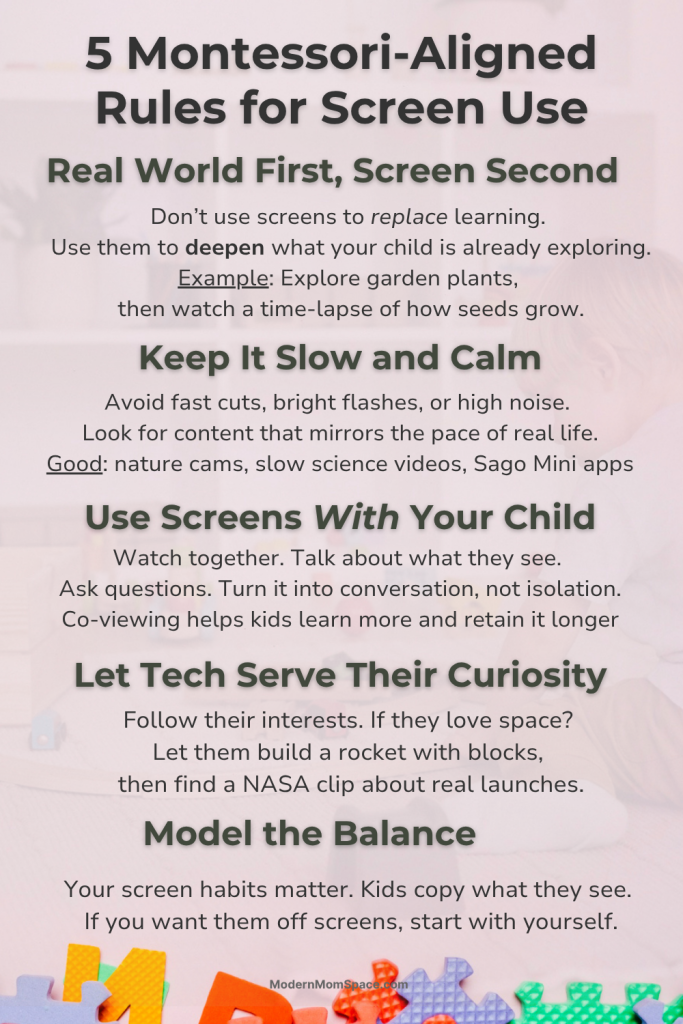 Printable list of 5 Montessori-aligned screen time rules for kids, designed for modern parents