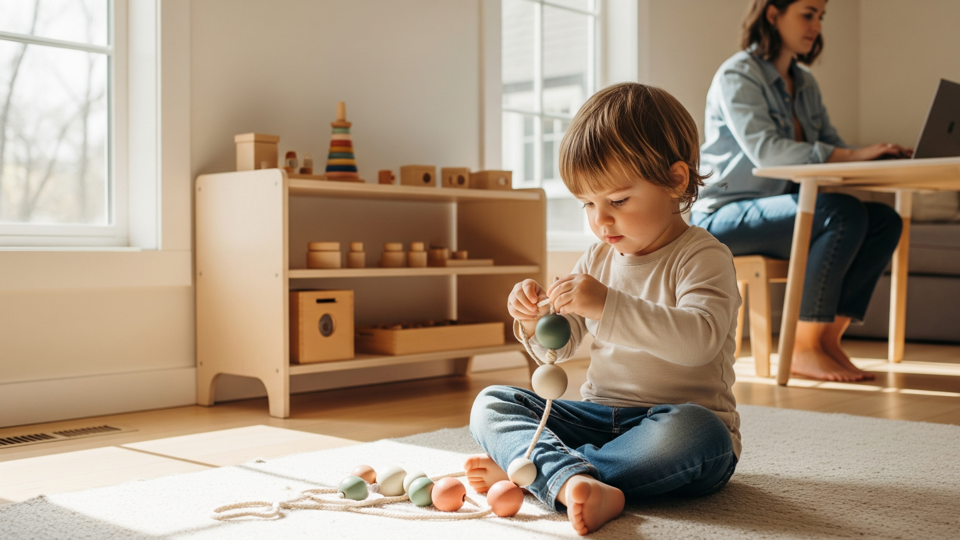 A young child sits barefoot on a soft rug, threading large wooden beads on a string in a sunlit Montessori-style room. A shelf of natural toys and a parent working in the background reflect a peaceful, focused home learning environment.