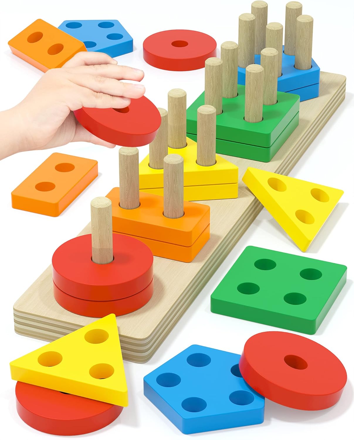 Montessori wooden stacking toy with colorful geometric shapes for toddlers