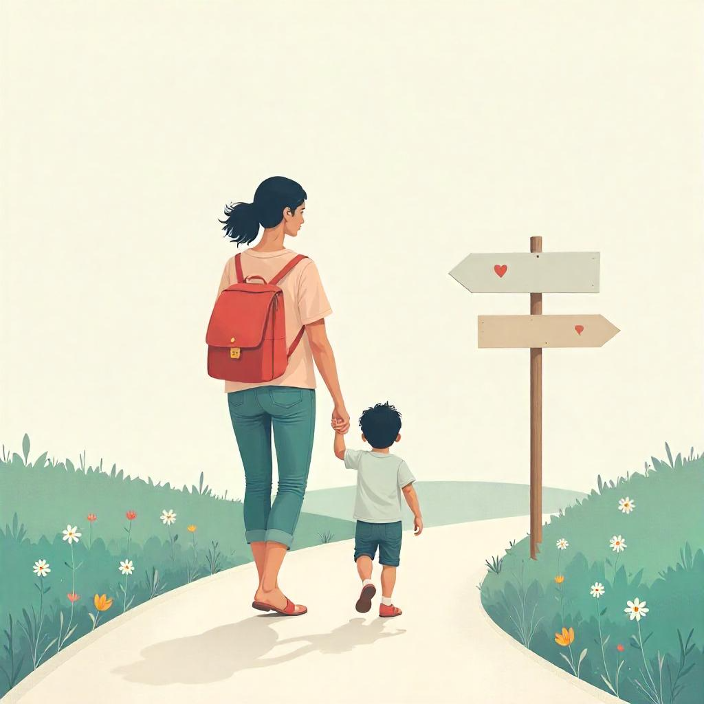 Illustration of a mom and child walking forward hand-in-hand along a curved path — symbolizing clarity and supportive parenting.