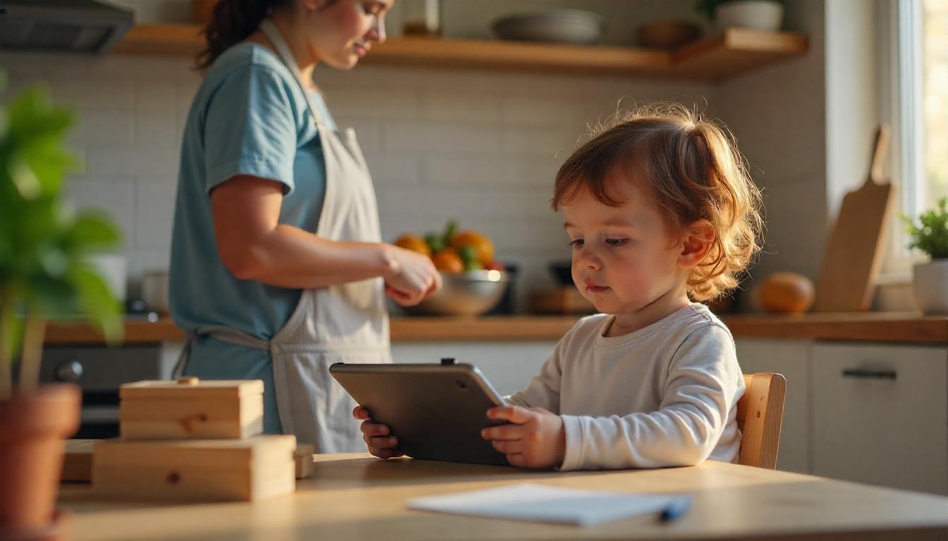 A mom multitasking while her child uses a tablet nearby, with Montessori toys pushed to the side — showing realistic tech use in modern parenting.