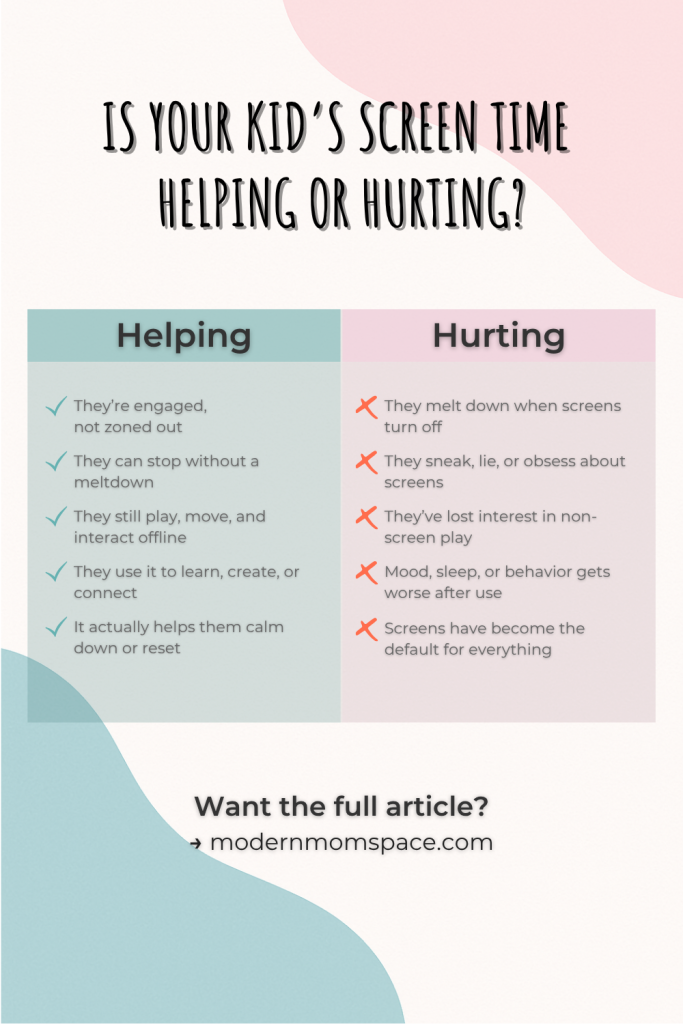 Infographic comparing signs that screen time is helping or hurting a child, with a checklist split into green and red columns