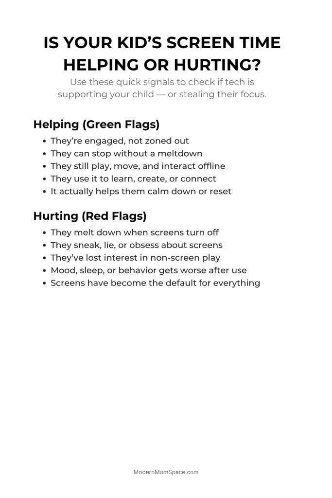 Printable checklist comparing signs that a child’s screen time is helping versus hurting, with color-coded columns and real-life behavior cues.