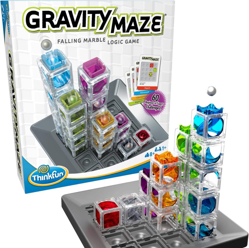 ThinkFun Gravity Maze marble run logic game with towers, grid, and marbles for kids