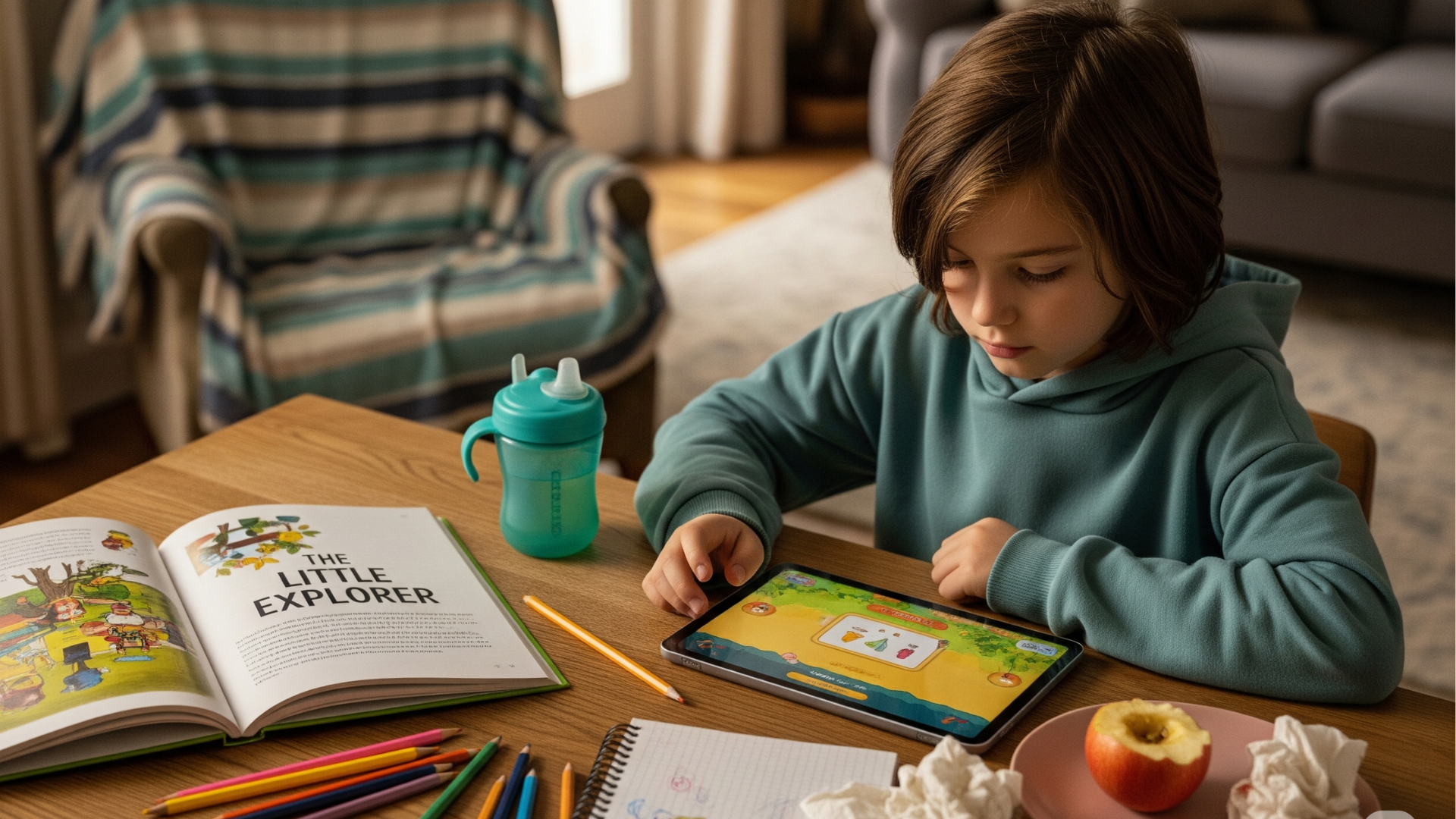 Child sitting at a table using a tablet with books, pencils, and a snack nearby, illustrating a real-world screen time moment (What Is Screen Time)