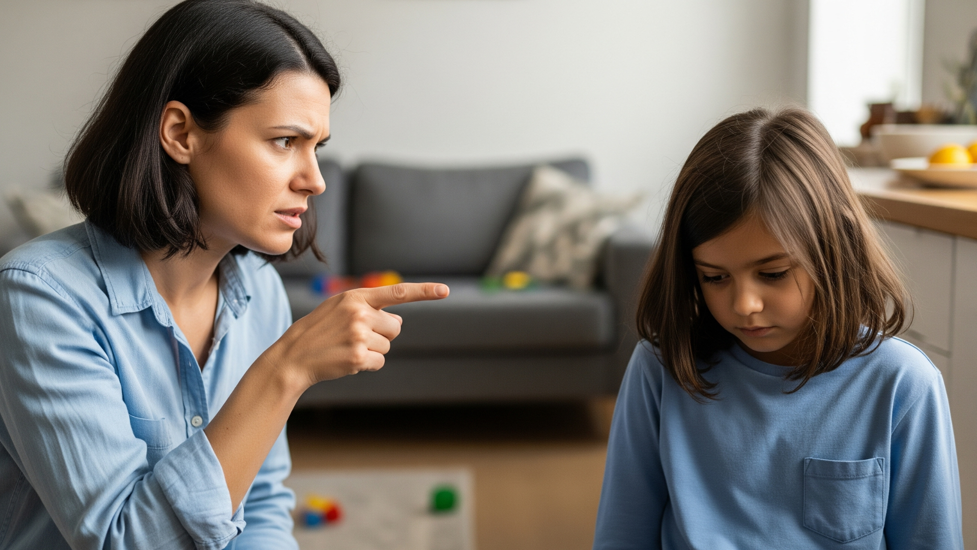 Parent enforcing strict rules with child looking down – authoritarian parenting style