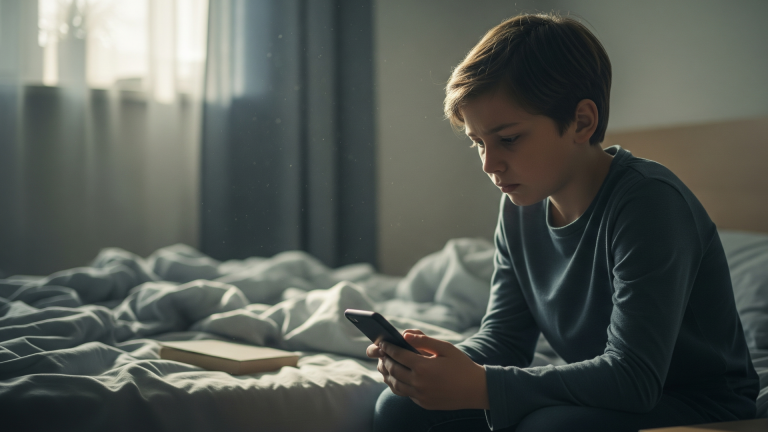 Preteen child sitting on a bed holding a phone with a worried expression, symbolizing cyberbullying and online risks.
