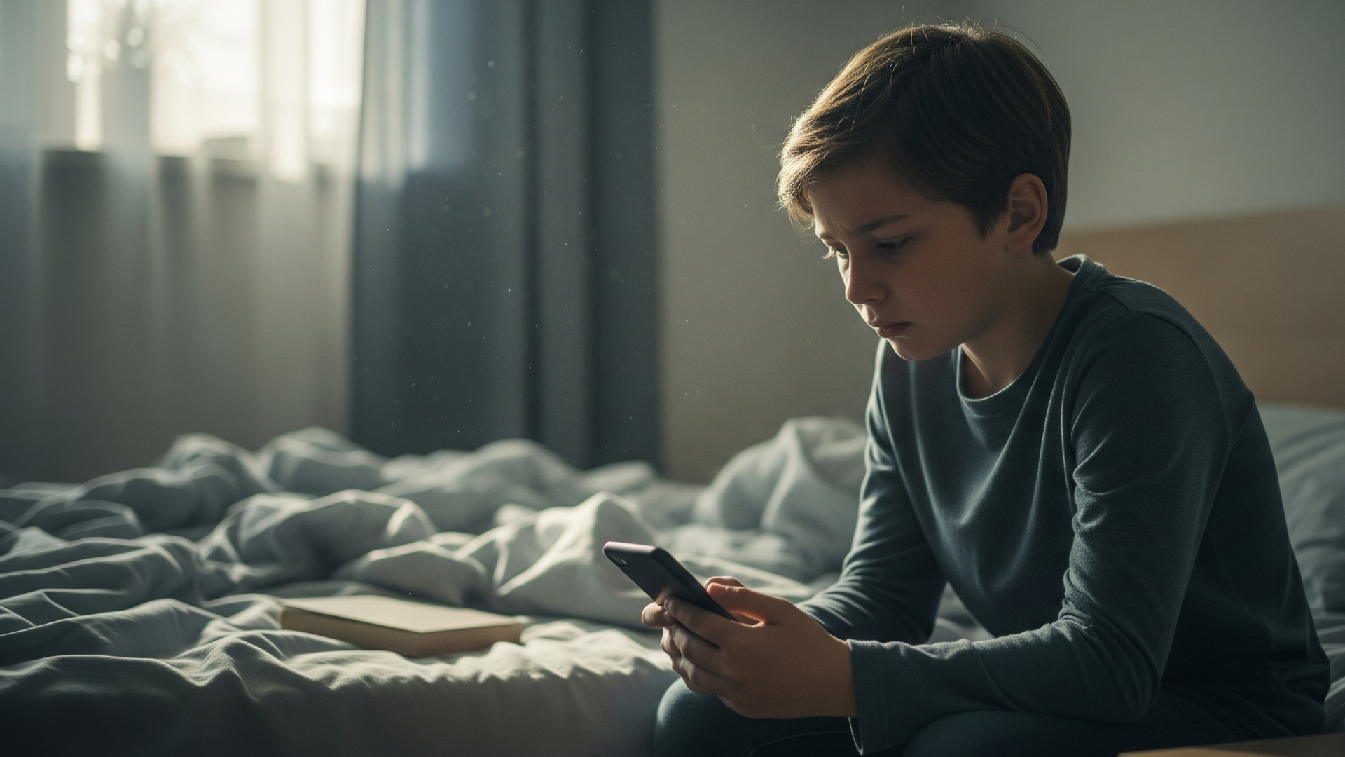 Preteen child sitting on a bed holding a phone with a worried expression, symbolizing cyberbullying and online risks.