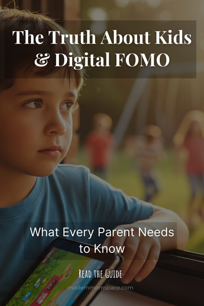 Pinterest graphic with the text ‘The Truth About Kids & Digital FOMO – What Every Parent Needs to Know – Read the Guide,’ designed for parents concerned about their child’s screen use and social media habits.