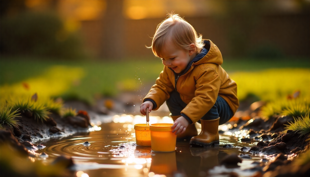 What is STEM for kids? A toddler explores early STEM concepts by stirring water in buckets with a stick at the edge of a muddy puddle outdoors.