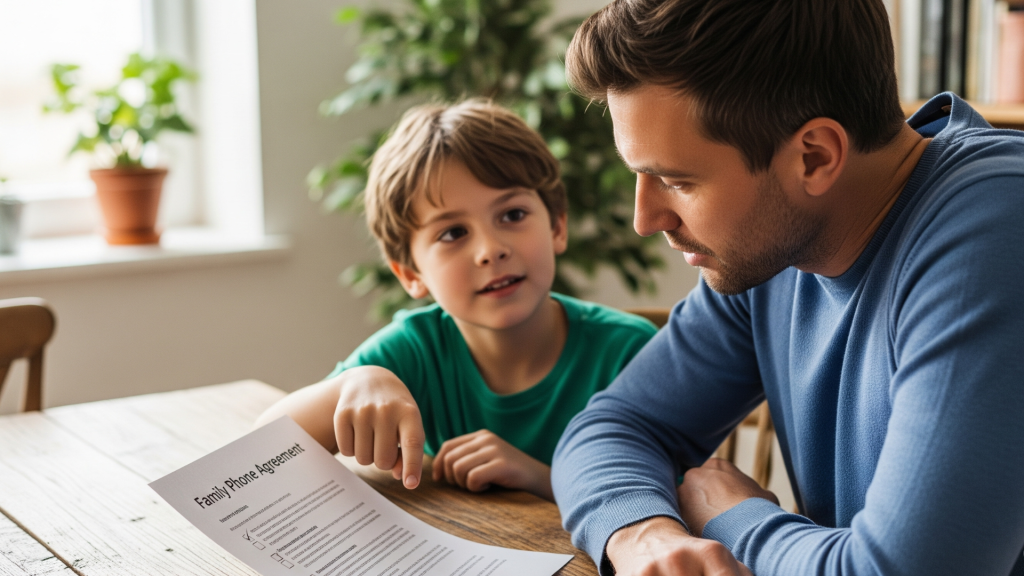 Father and son discussing a family phone agreement checklist at the kitchen table