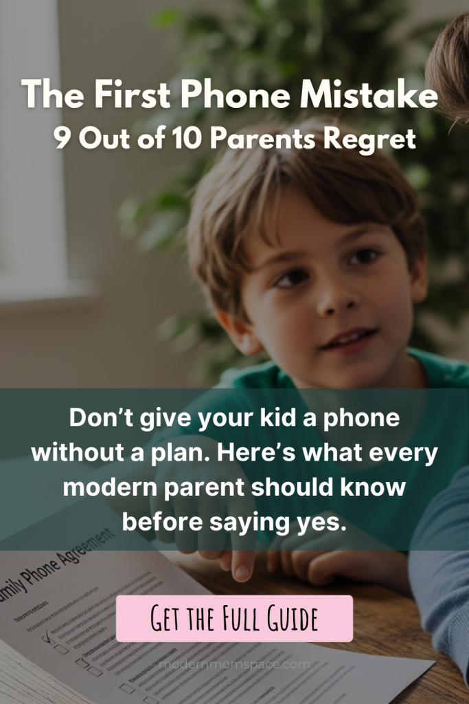 A young boy and his dad sit at the kitchen table, reviewing a printed Family Phone Agreement. Overlaid text reads: “The First Phone Mistake 9 Out of 10 Parents Regret. Don’t hand over their first phone for kids without a plan. Here’s what every modern parent should know before saying yes to a smartphone.” A call-to-action button says, “Get the Full Guide.”