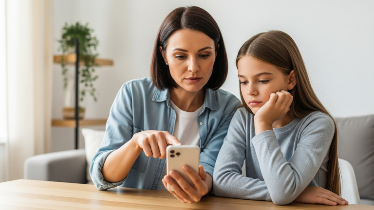 Mother and daughter discussing first phone rules together at home. (First Phone for Kids Article)