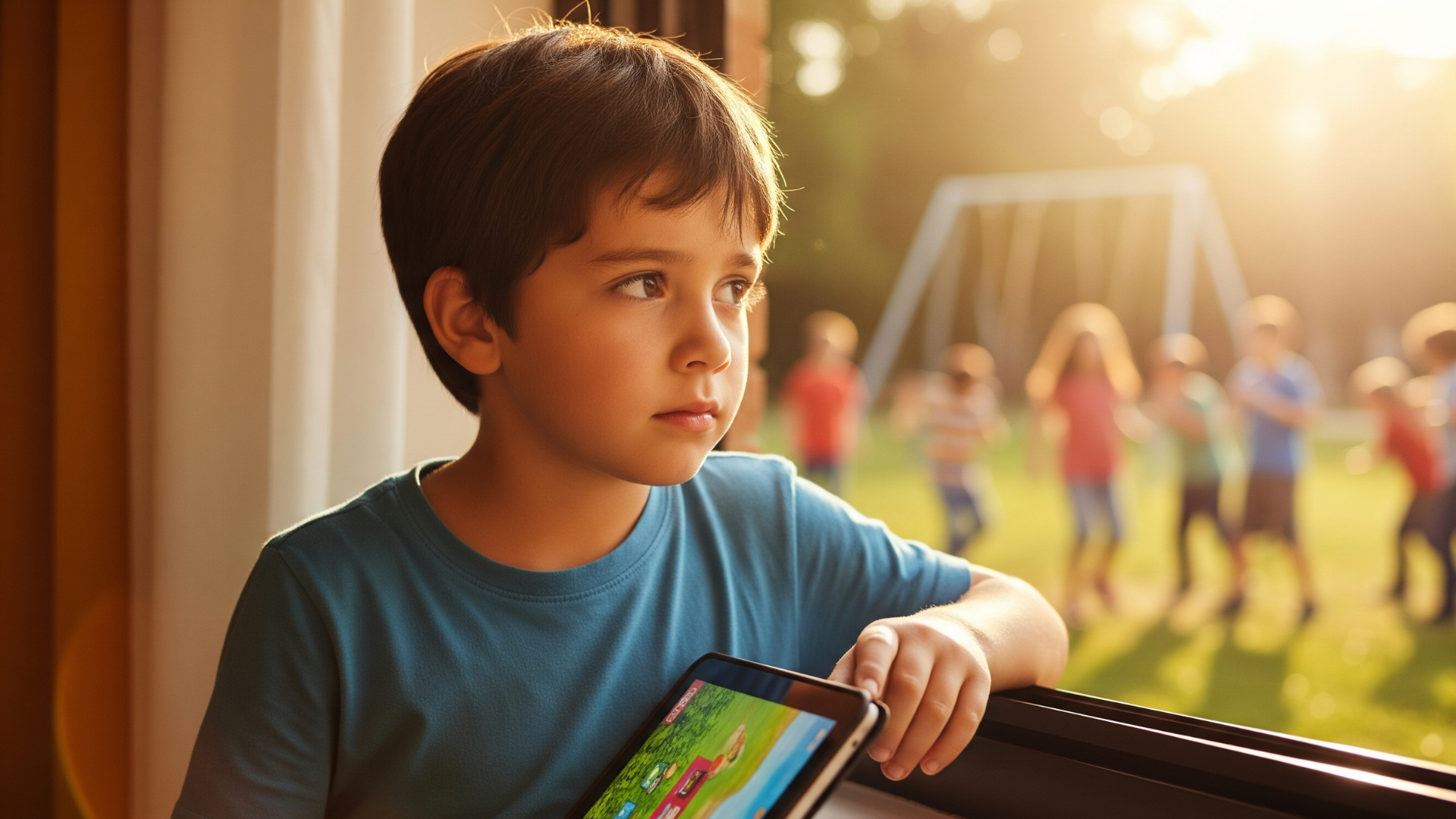 Child holding a tablet while watching other kids play outside, showing signs of FOMO in parenting