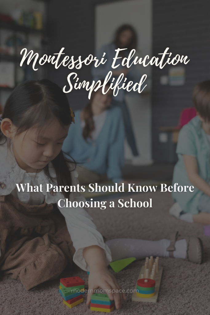 Montessori classroom with children engaged in hands-on learning, demonstrating the Montessori method with mixed-age students and practical materials.