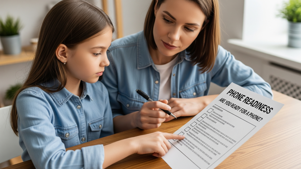 Mom and daughter reviewing a phone readiness checklist together at the kitchen table
