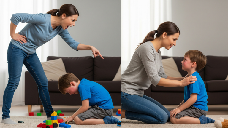 Split image showing a mother and son: on the left, the mom is yelling and the boy is looking down, upset; on the right, the same mom is calmly kneeling and comforting her emotional son with eye contact and gentle touch.