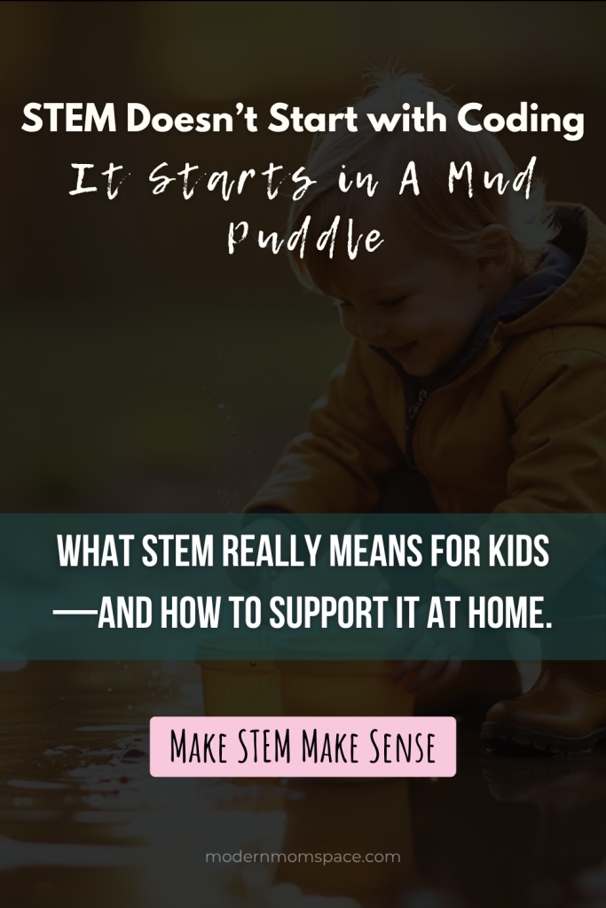 Young child in a brown jacket playing near a muddy puddle, representing how early STEM learning starts through real-world, hands-on play—not just coding or screens.