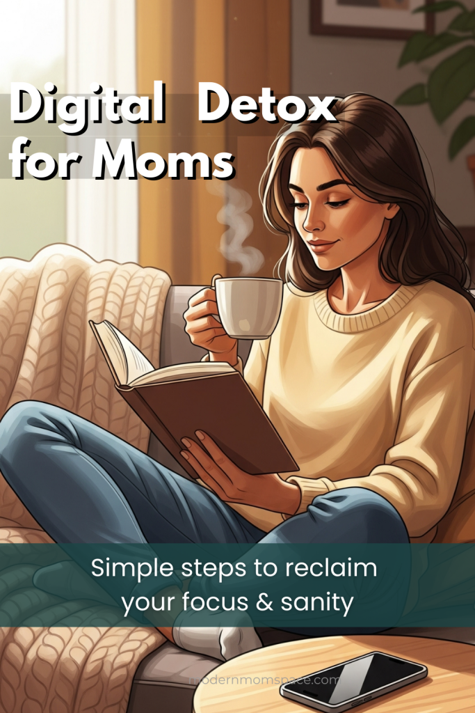 Digital Detox for Mom shown with a mother relaxing on the couch with tea and a book, phone face down on the table.