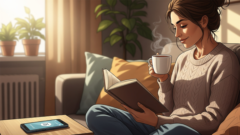 A mom enjoying a digital detox moment with tea and a book, her phone face down on the table.