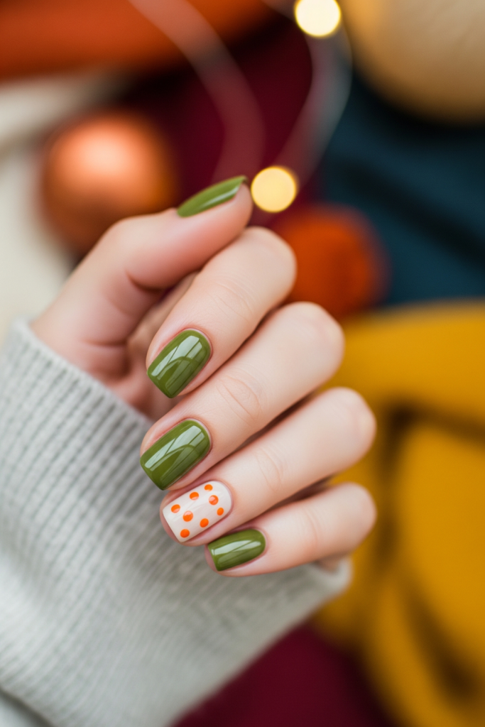 Quick nail designs short nails in olive green with pumpkin orange dot accents, 15-minute nail ideas for busy moms Fall 2025.