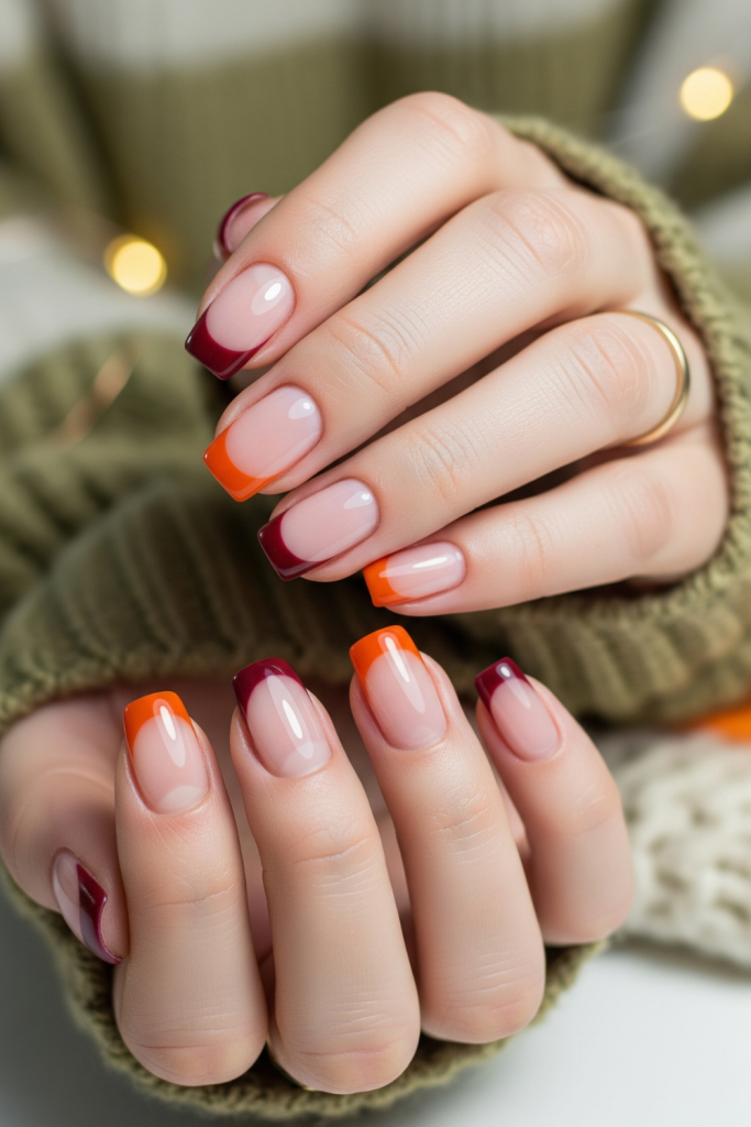 Fall nail designs short nails with colorful French tips in burnt orange and burgundy, quick nail design for busy moms 2025.