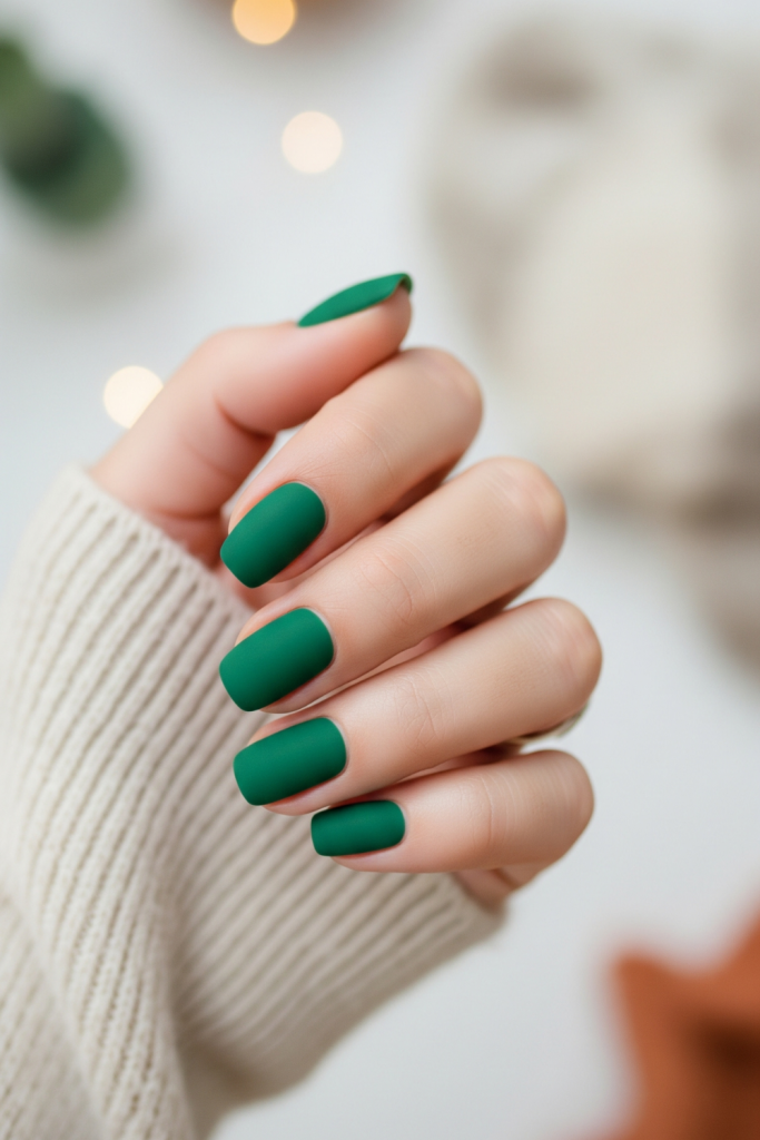 Short nail designs Fall 2025 in forest green with matte top coat, quick 15-minute nail ideas for busy moms.