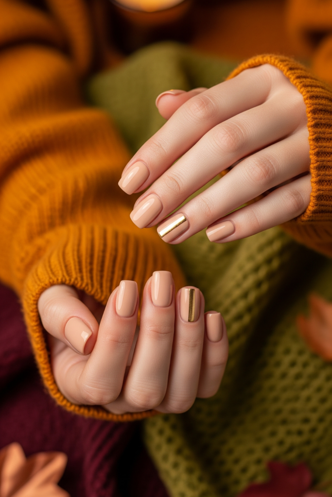 Short nail designs Fall 2025 with beige polish and thin gold metallic strips, stylish 15-minute nail ideas for busy moms.