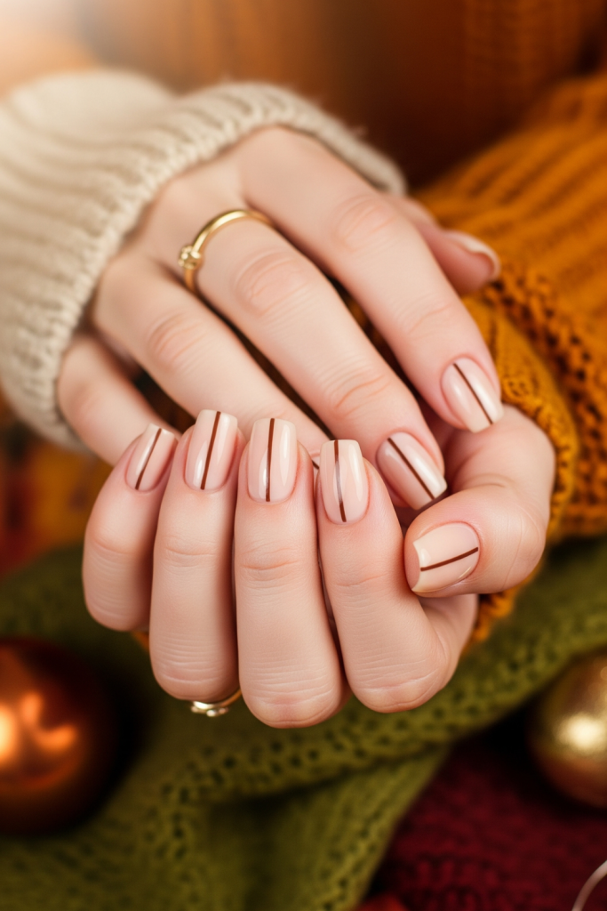 Quick nail designs short nails with nude base and espresso brown vertical line, minimalist fall nail designs for busy moms 2025.