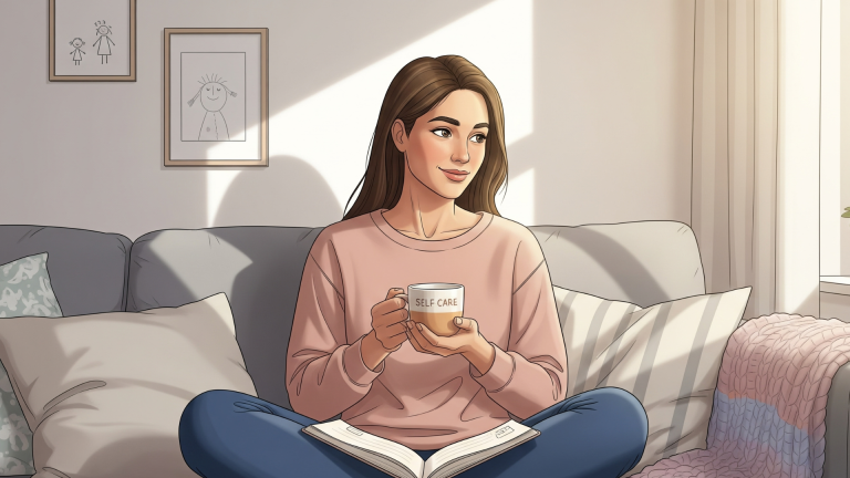 Calm mom sitting on a couch with tea and journal, showing peaceful recovery from mom burnout.