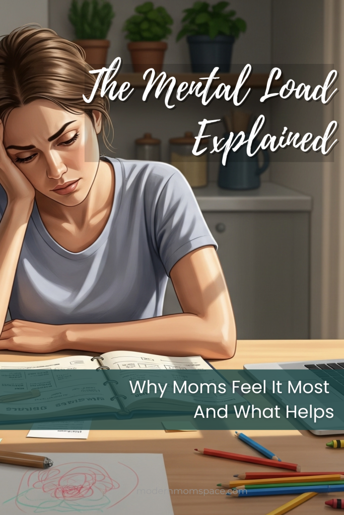 Overwhelmed mom managing the mental load at her kitchen table with planner and laptop.