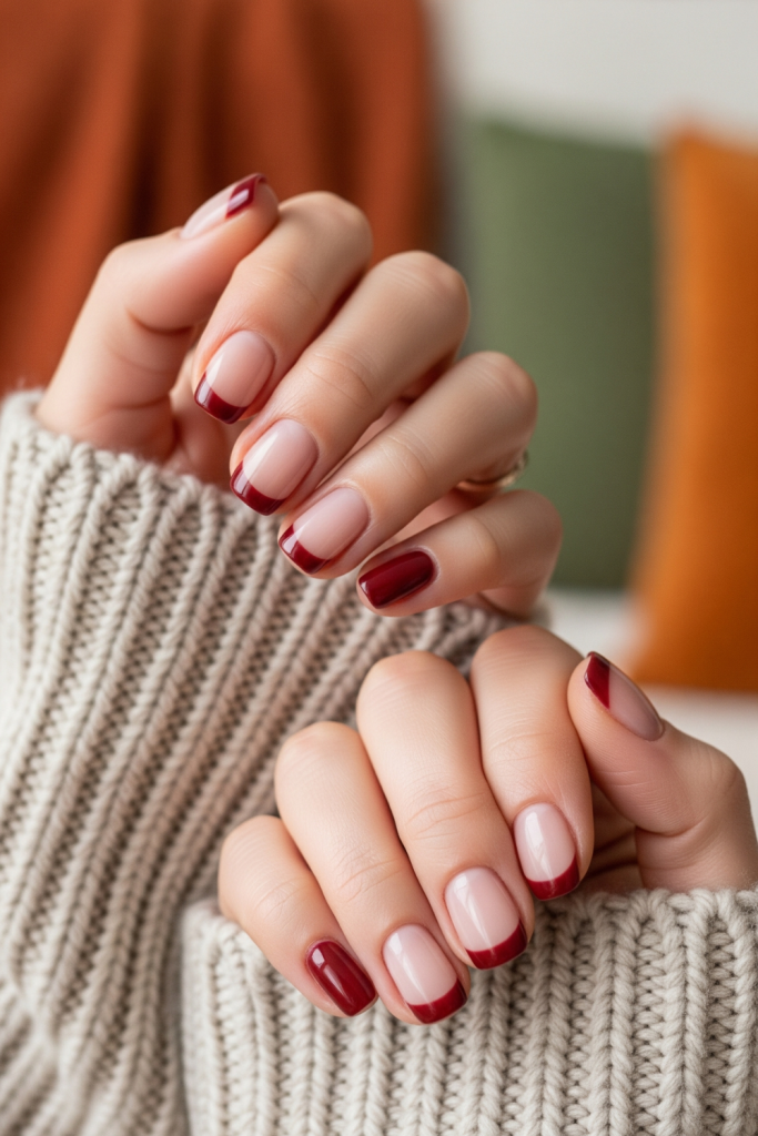 Short nail designs Fall 2025 with burgundy half-painted negative space style, trendy 15-minute nail ideas for busy moms.