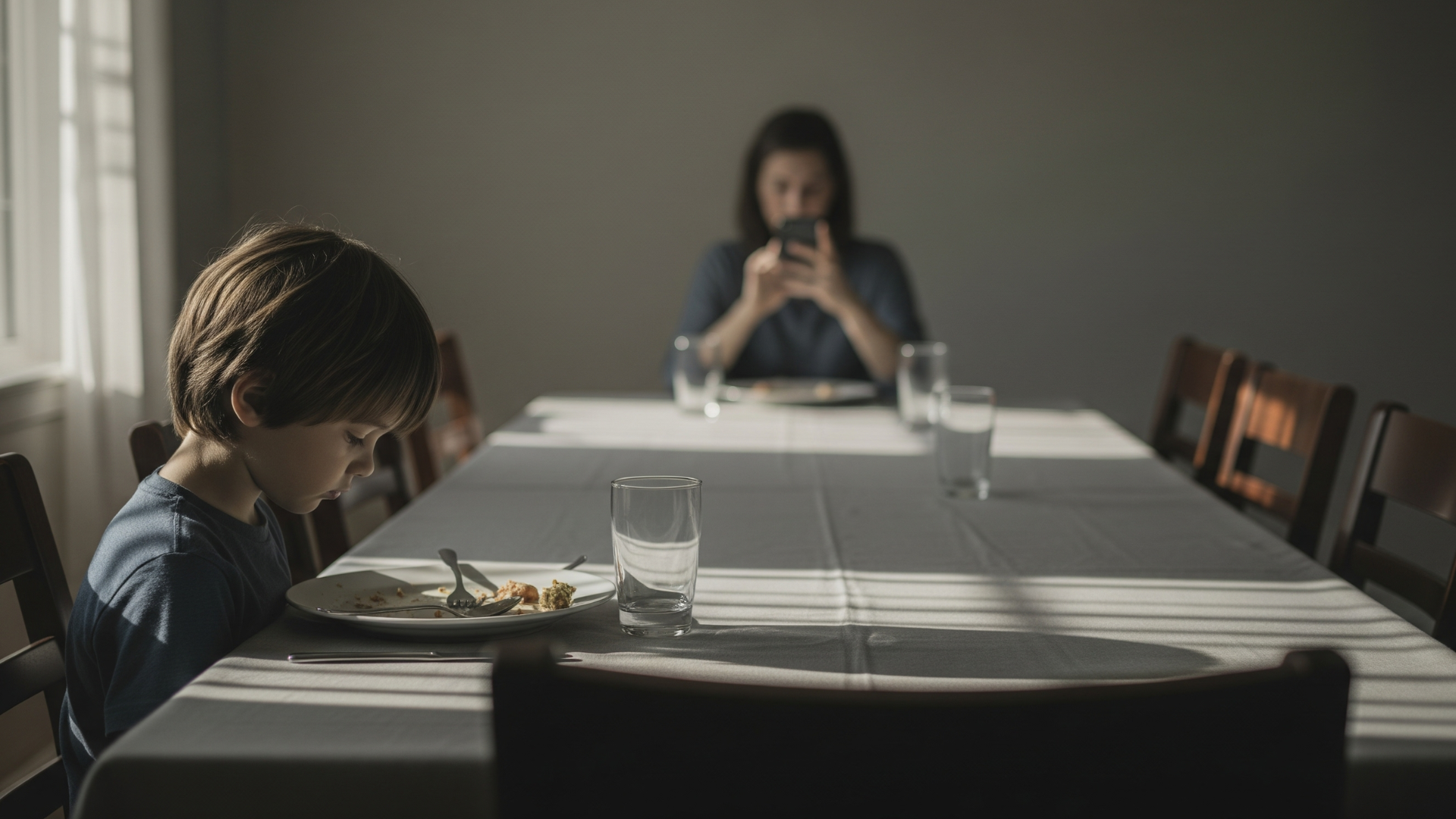 Child sitting alone at a dinner table while parent looks at phone, symbolizing neglectful parenting