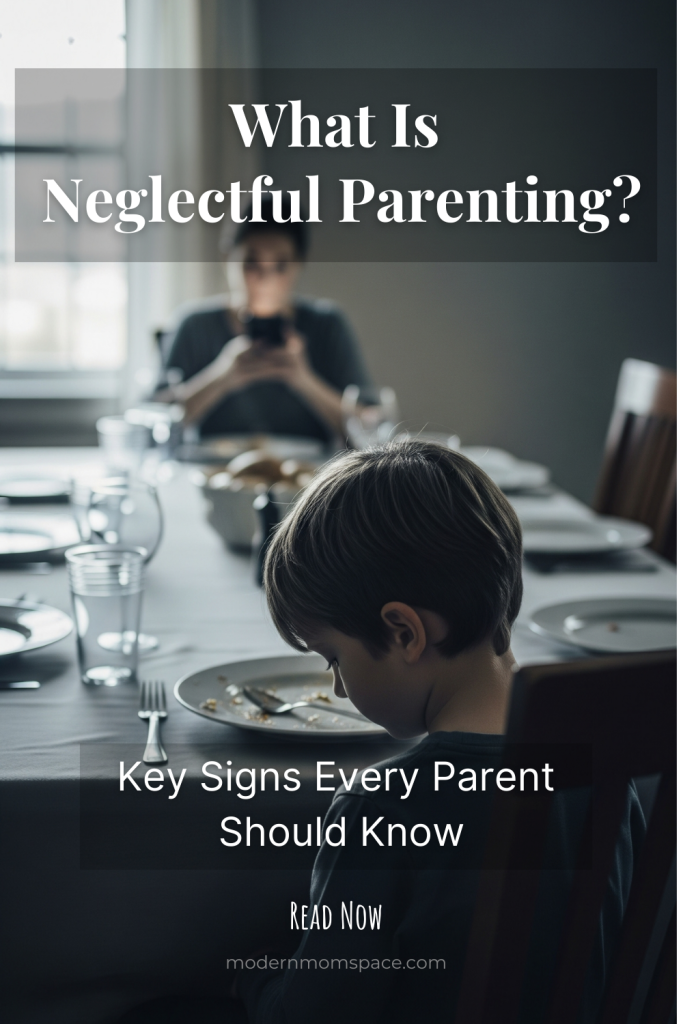 Child sitting alone while parent is distracted by phone, illustrating neglectful parenting.