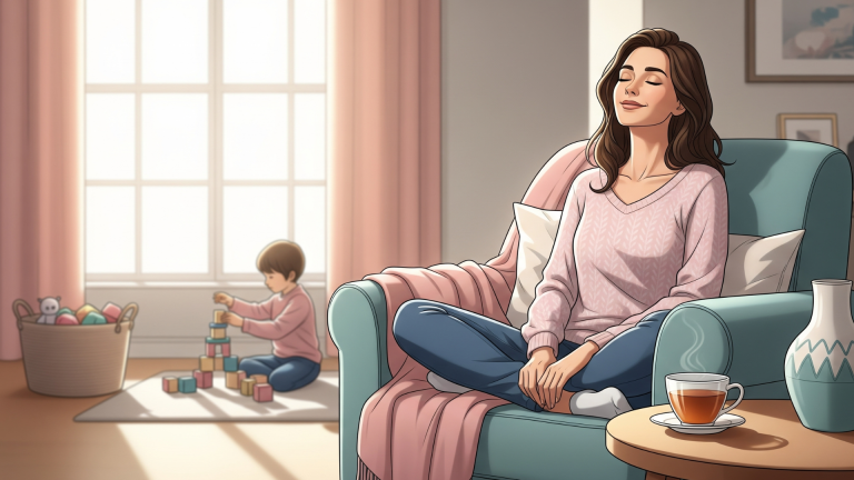 Calm and confident working mom overcoming mom guilt, sitting peacefully in a cozy living room with soft pastel tones and natural light.