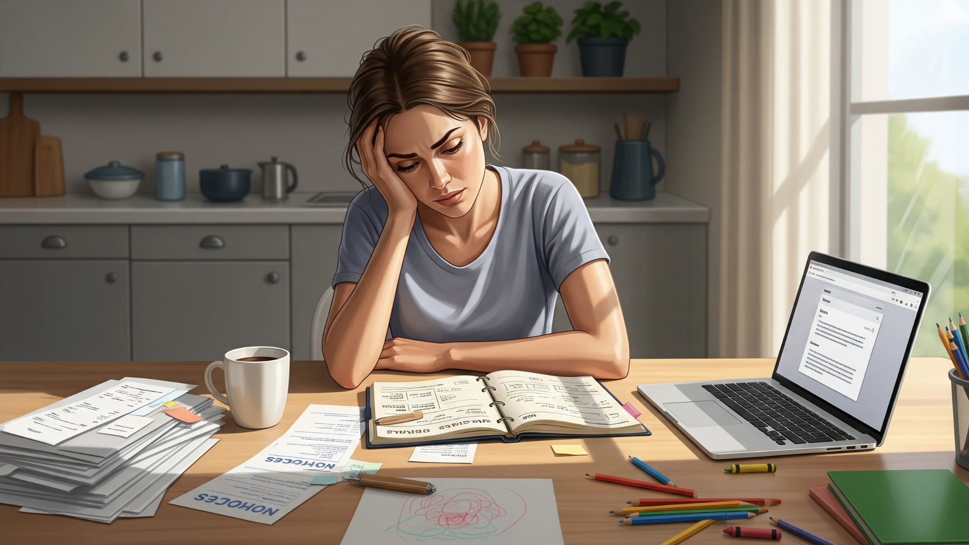 Overwhelmed mom sitting at the kitchen table with a planner and laptop, showing the mental load of managing family tasks.